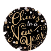 Elegant New Year Party Cheers to a New Year Round Dessert Plates Tableware, Black, Paper, 7", Pack of 18